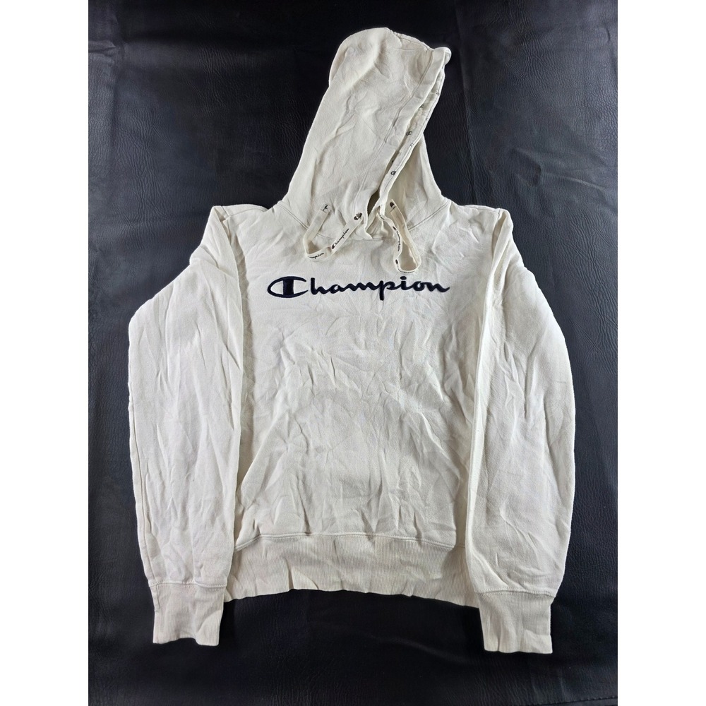 Champion Mens Script Logo Hoodie Cream Off-White Pullover Sweatshirt Medium